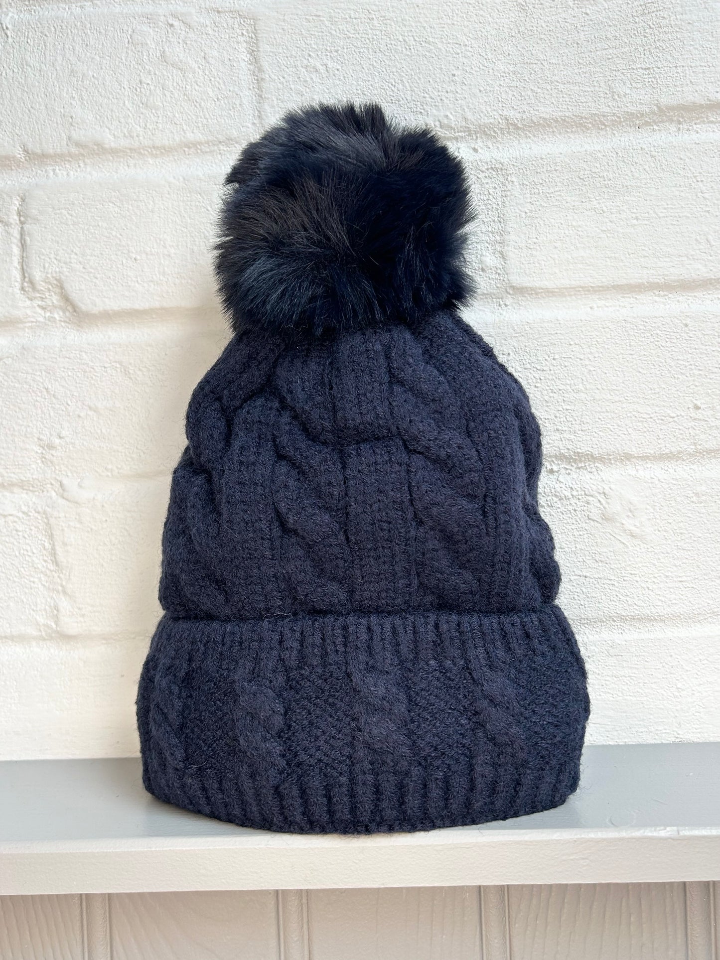 Cable Knit Fleece Lined Pom Hat | Navy