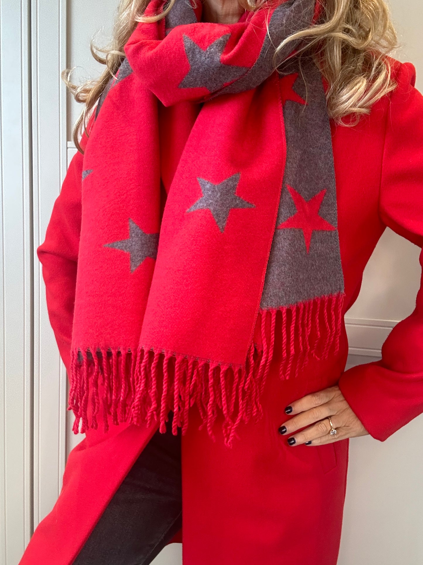 Star Cashmere Blend Reversible Scarf | Red & Grey