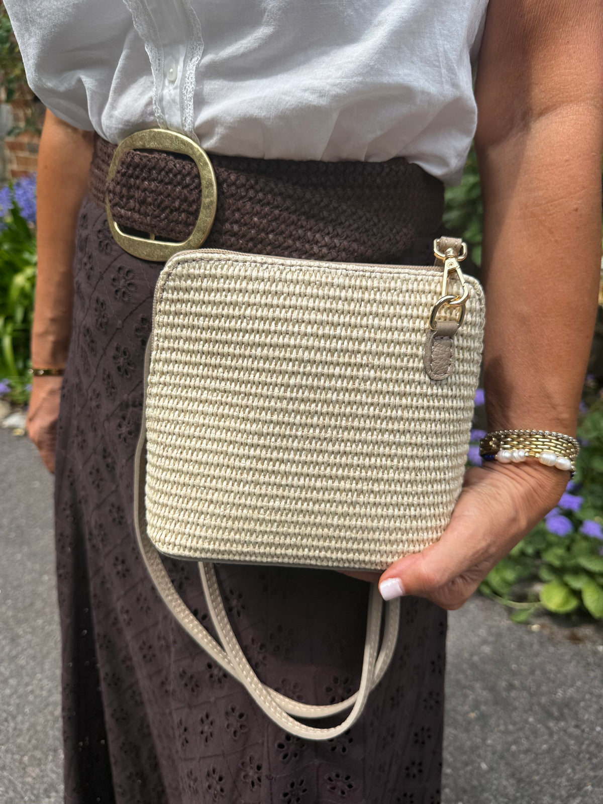 Woven Raffia & Leather Zip Round Bag | Cream & Taupe