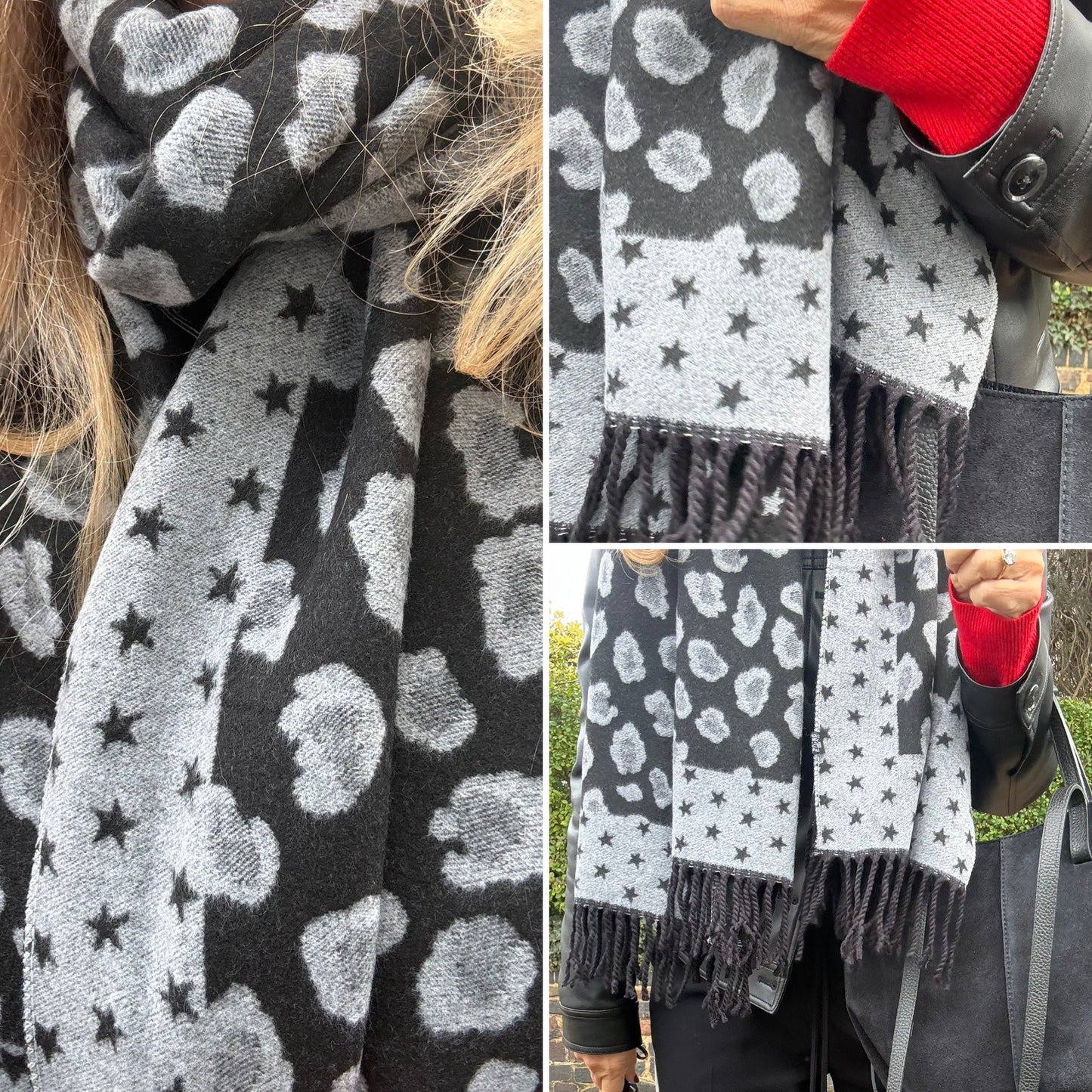 Leopard & Star Cashmere Blend Reversible Scarf | Black & Grey