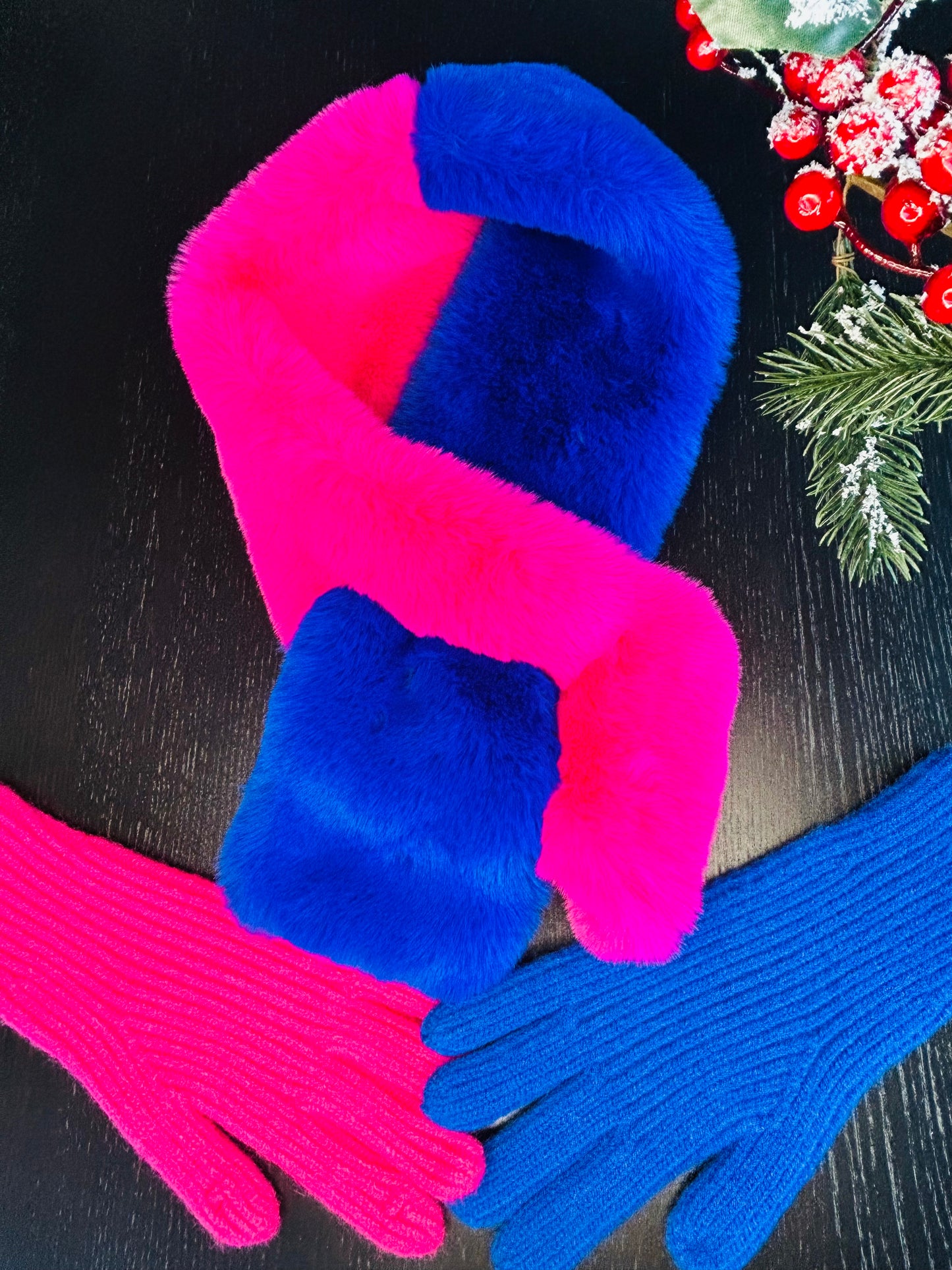 Tuck Through Faux Fur Scarf | Royal Blue & Fuchsia
