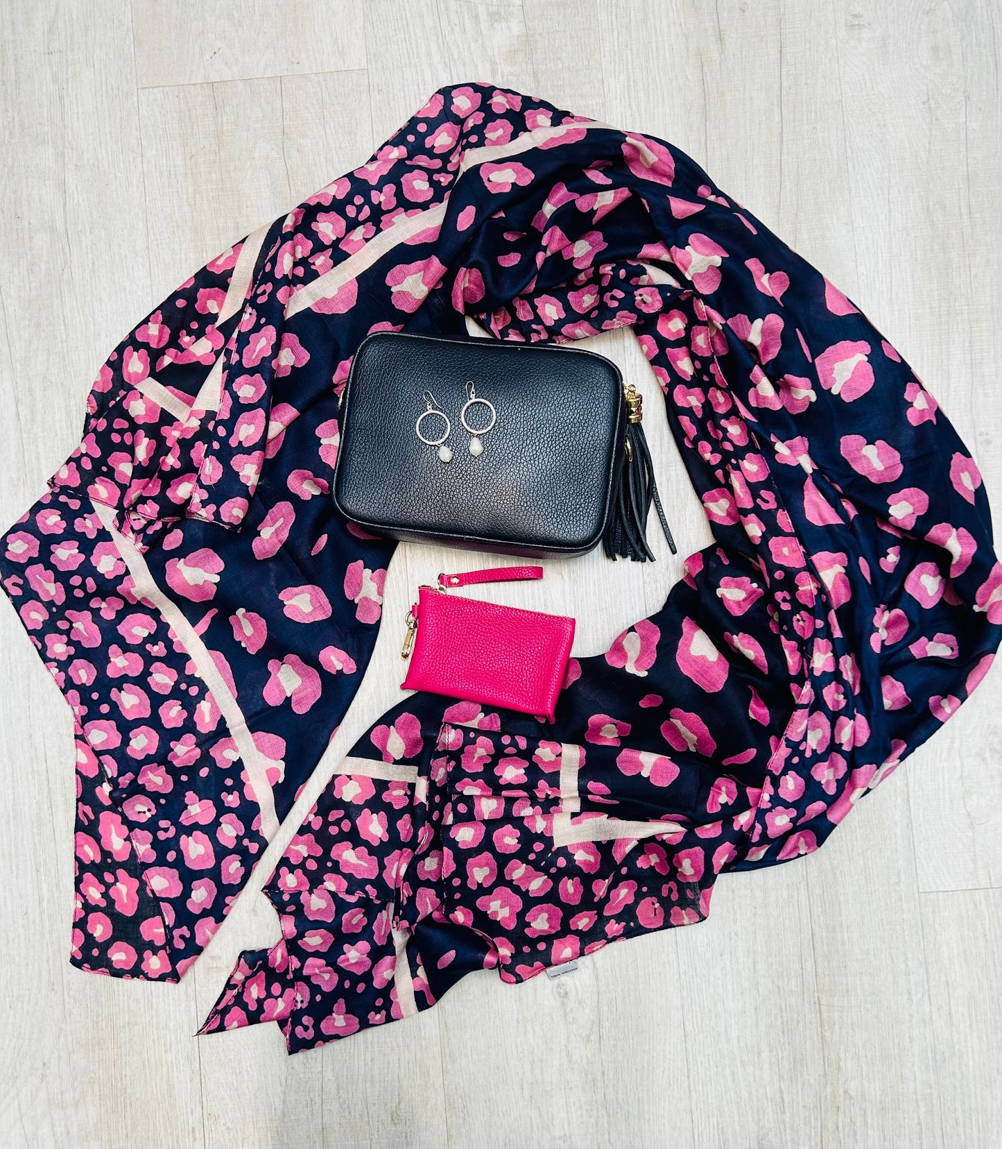 Lydia Leopard Print Scarf | Navy & Pink