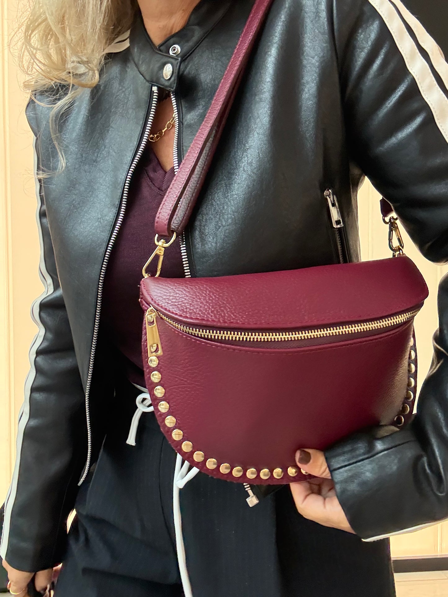 Harley Studded Leather Sling Bag | Burgundy