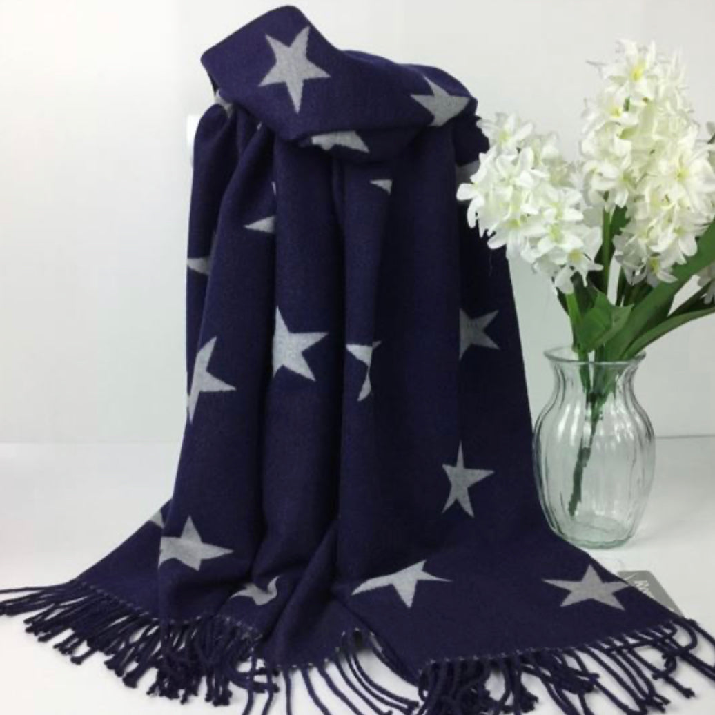 Star Cashmere Blend Reversible Scarf | Navy & Grey
