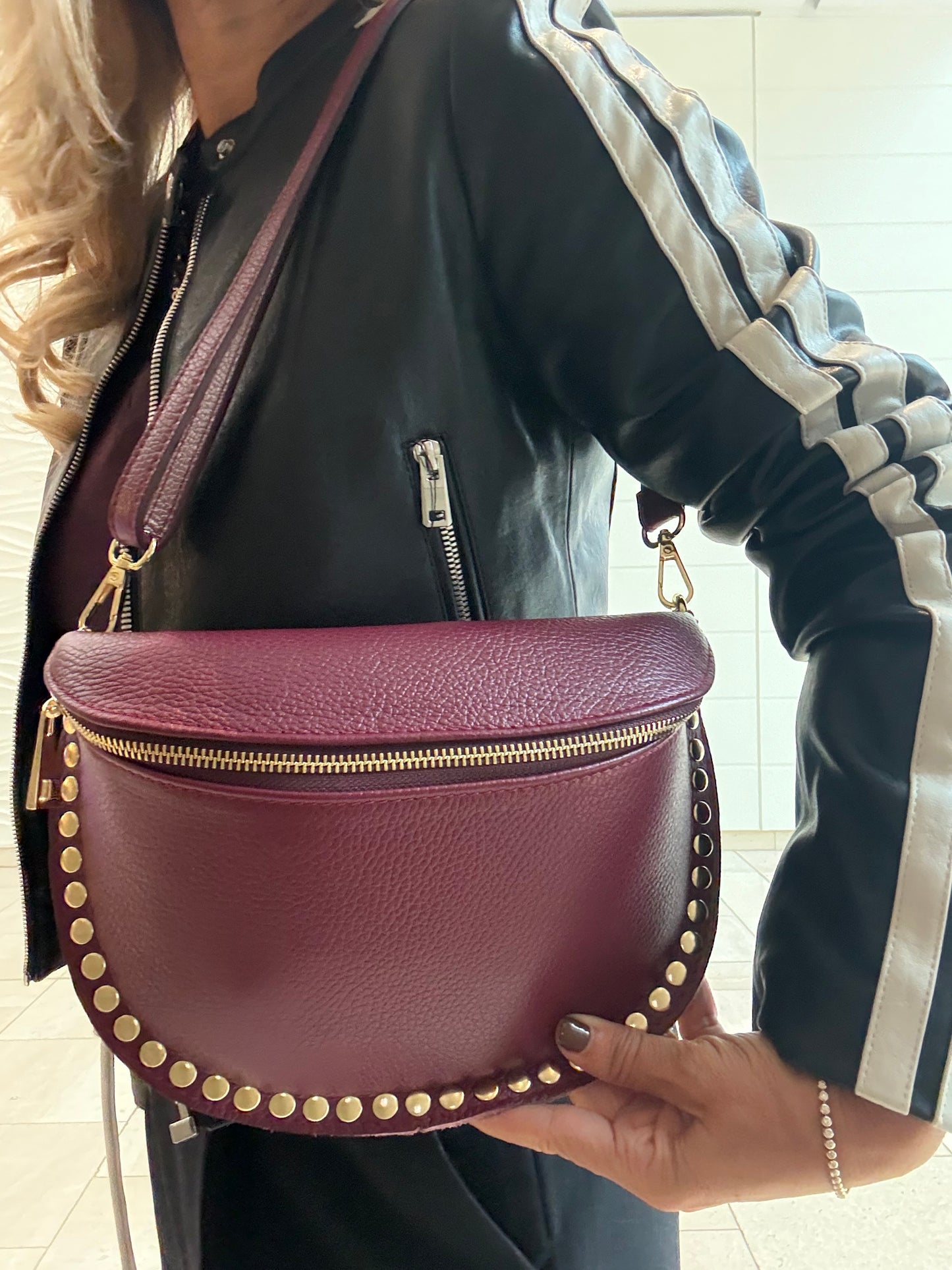 Harley Studded Leather Sling Bag | Burgundy