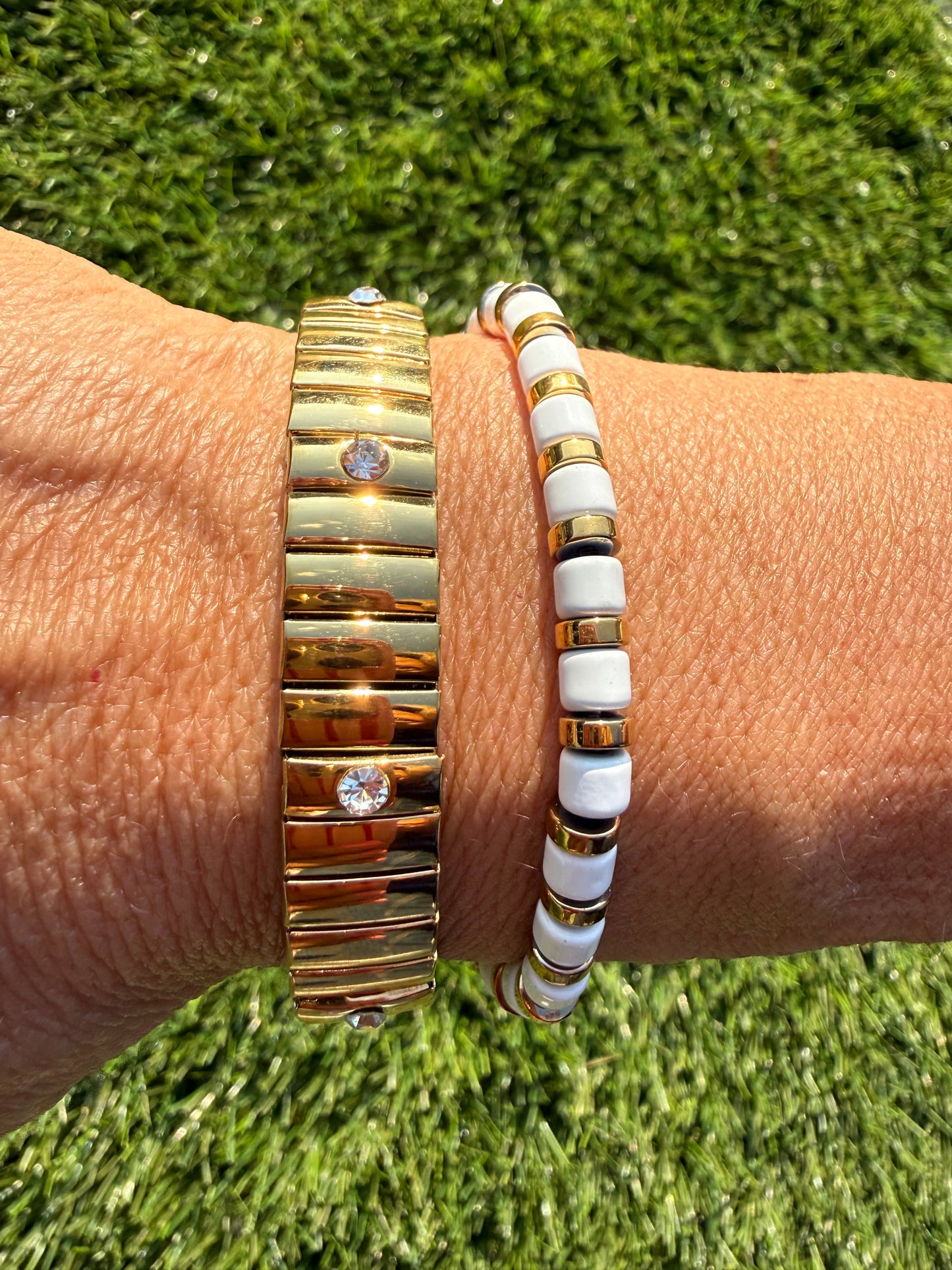 Boho Enamel Curved Tile Bracelet I White & Gold