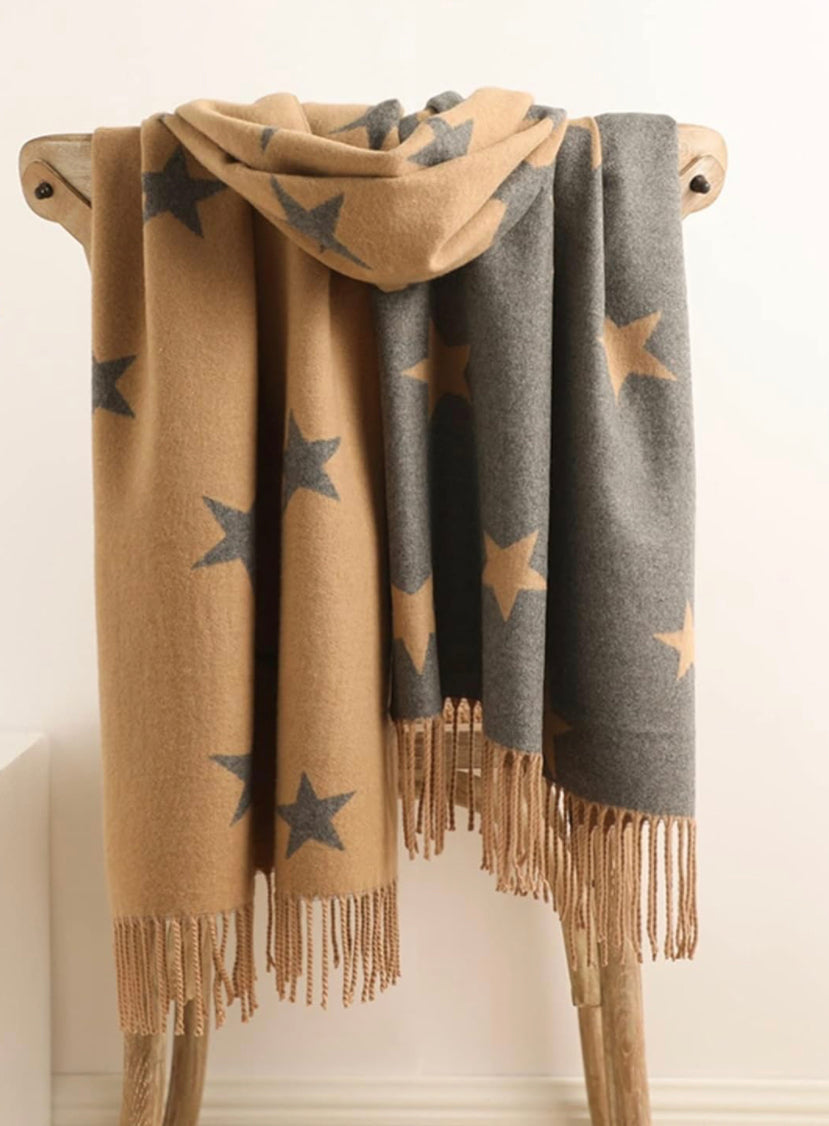 Star Cashmere Blend Reversible Scarf | Camel & Grey