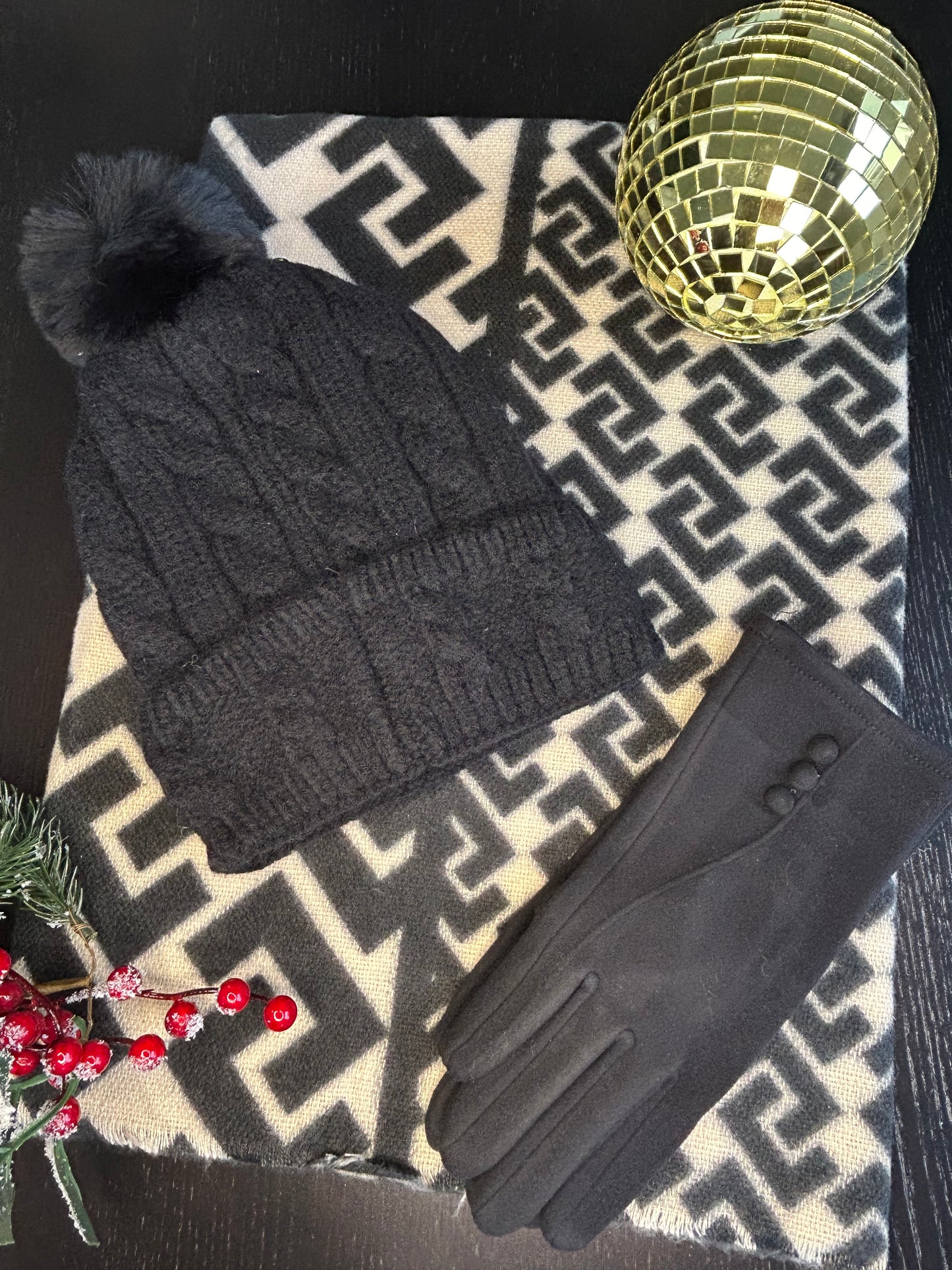 Cable Knit Fleece Lined Pom Hat | Black