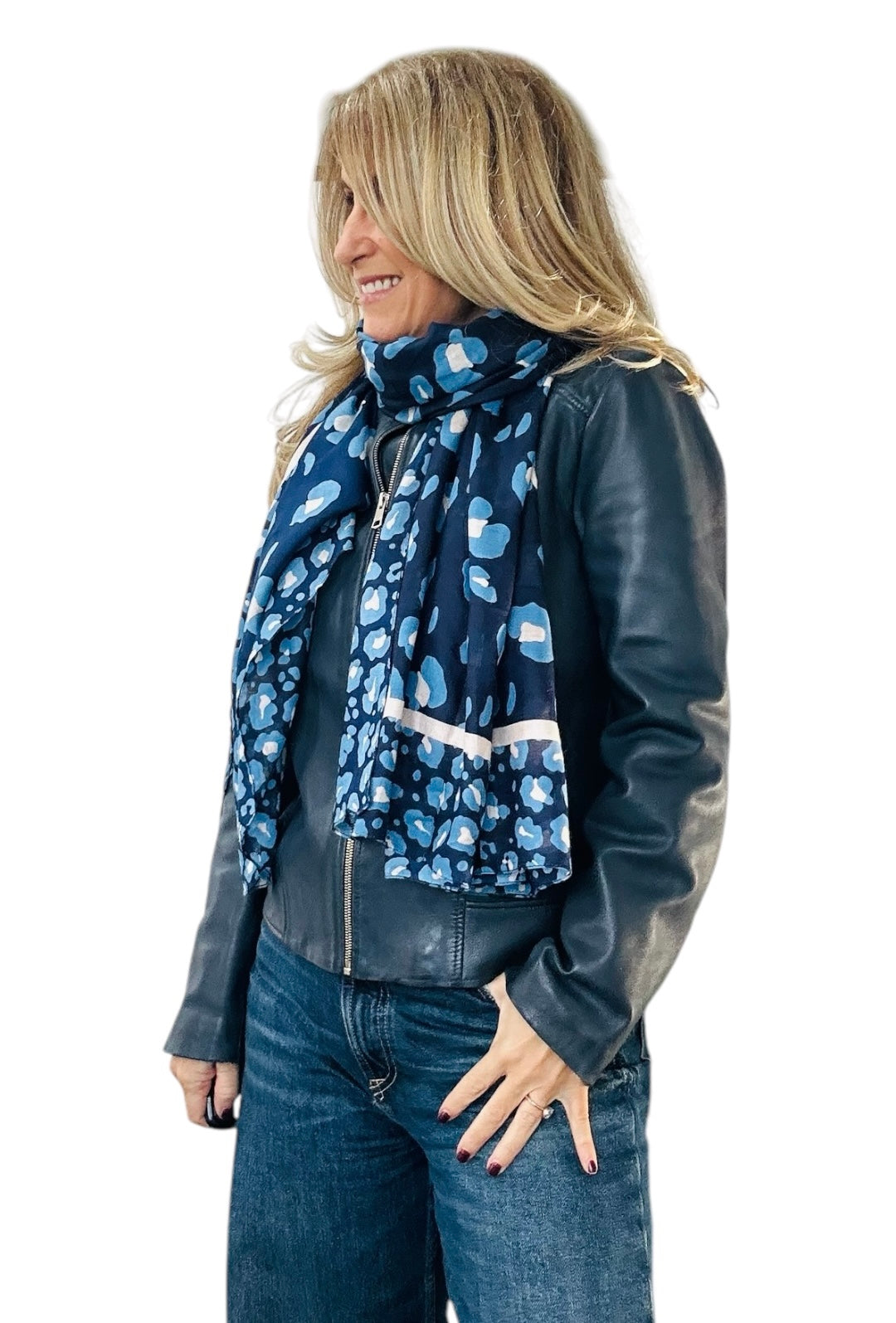 Lydia Leopard Print Scarf | Navy Blue