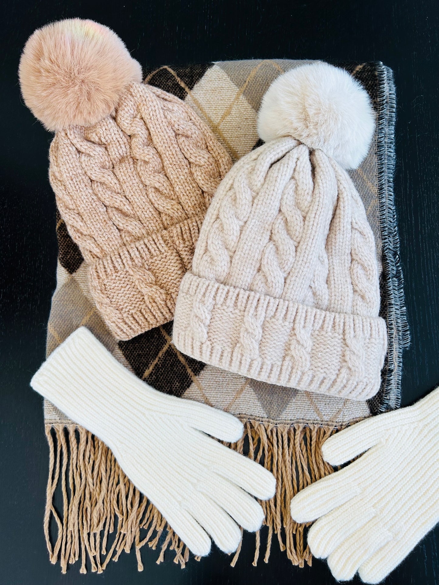 Cable Knit Fleece Lined Pom Hat | Beige