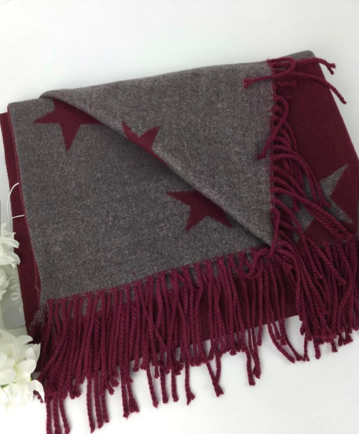 Star Cashmere Blend Reversible Scarf | Burgundy & Grey