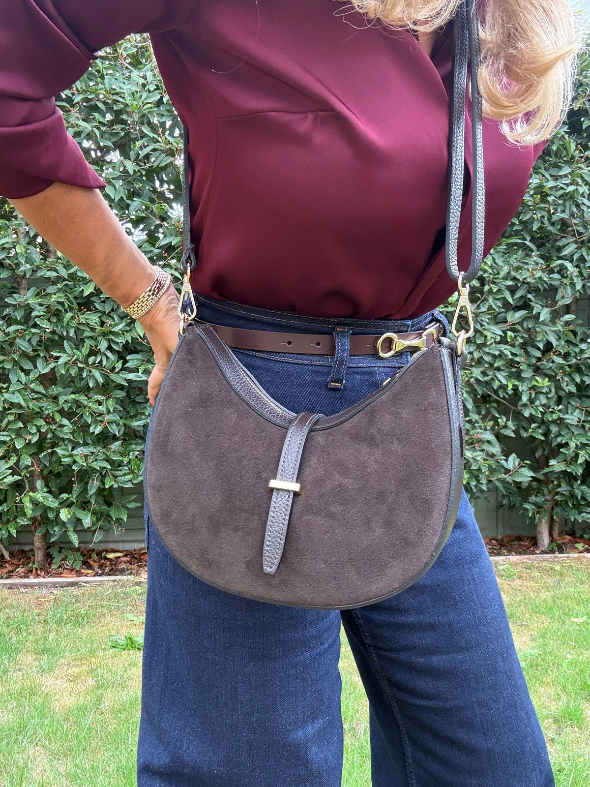 Suede & Leather Crescent Shoulder/Crossbody Bag | Brown