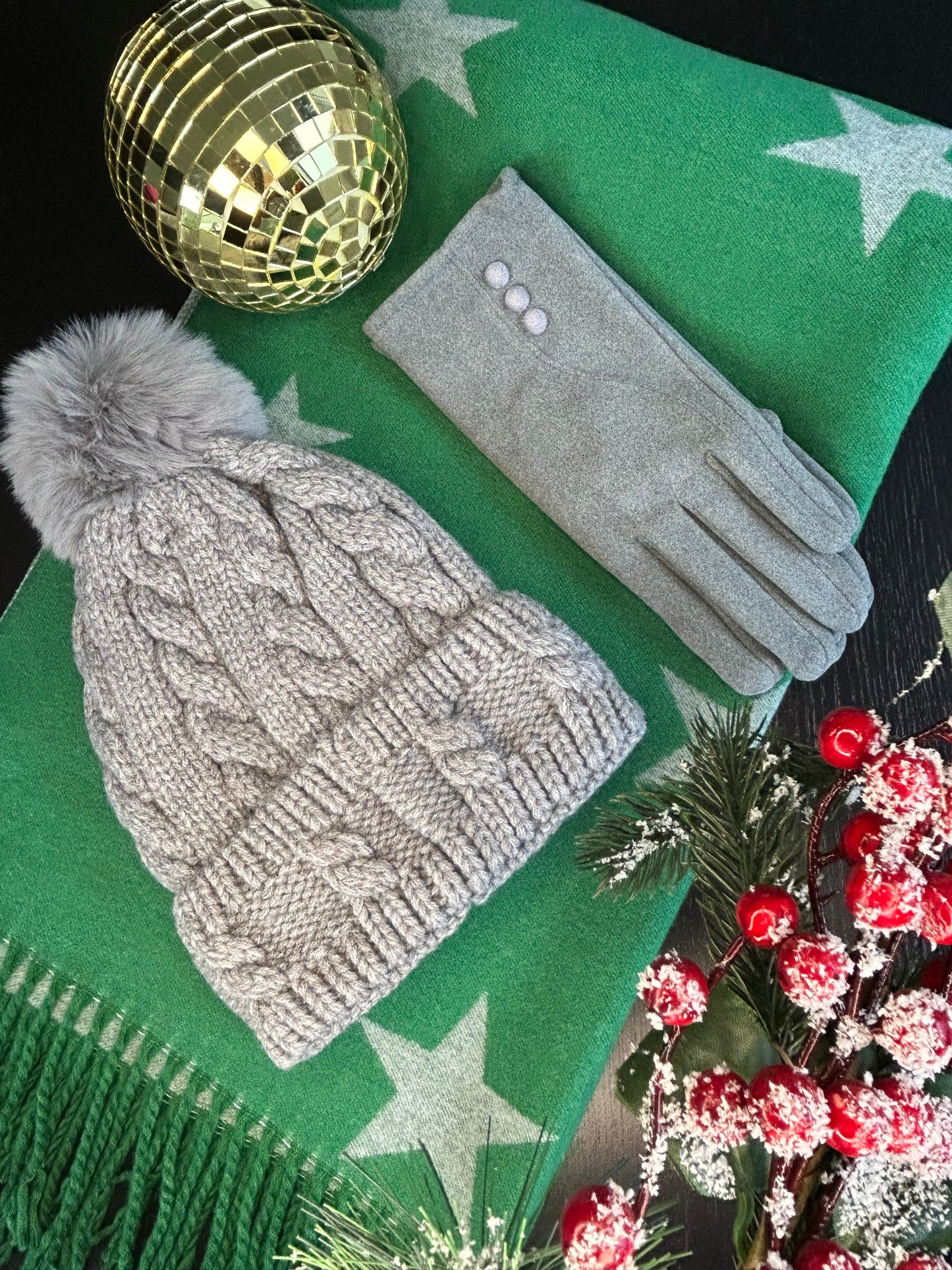 Cable Knit Fleece Lined Pom Hat | Grey