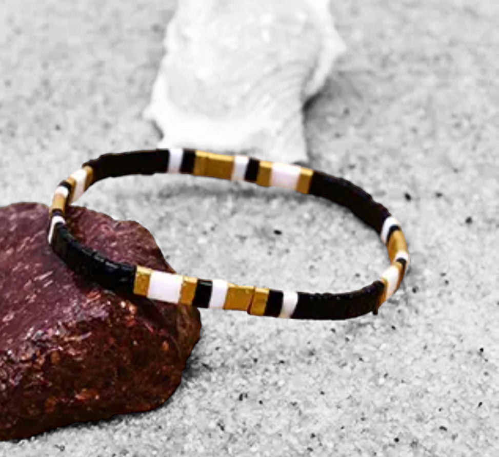Miyuki Tile Bracelet | Black, White & Gold
