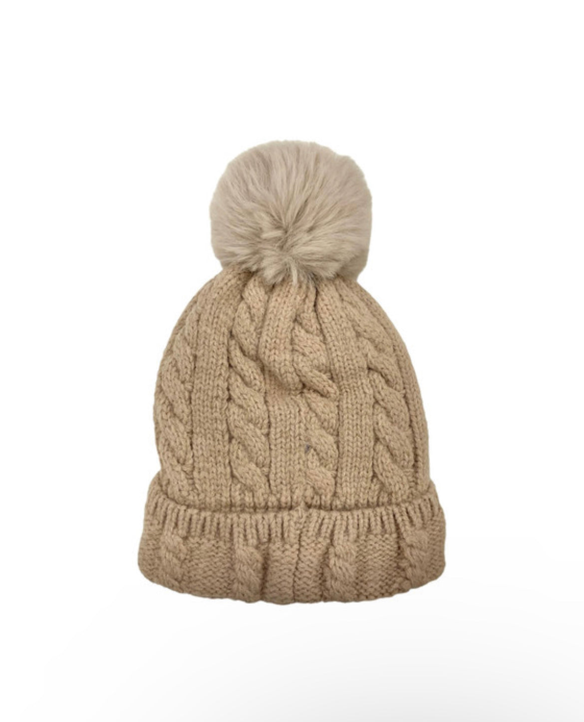 Cable Knit Fleece Lined Pom Hat | Camel