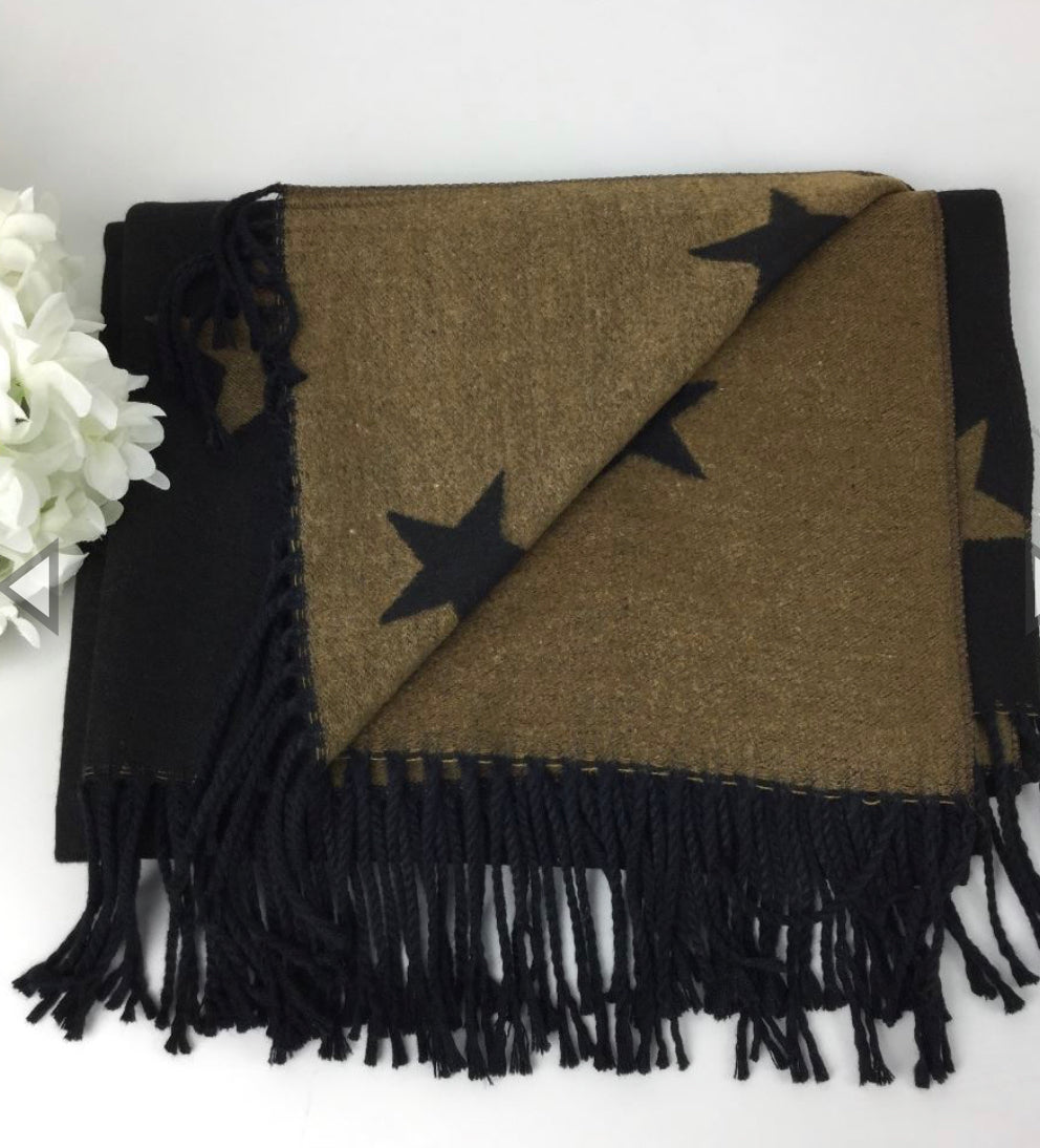 Star Cashmere Blend Reversible Scarf | Black & Camel