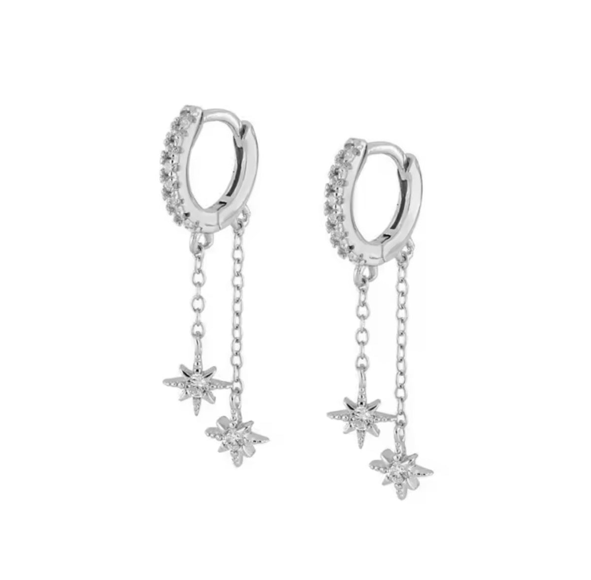 Crystal Star Drop Hoop Earrings | Silver