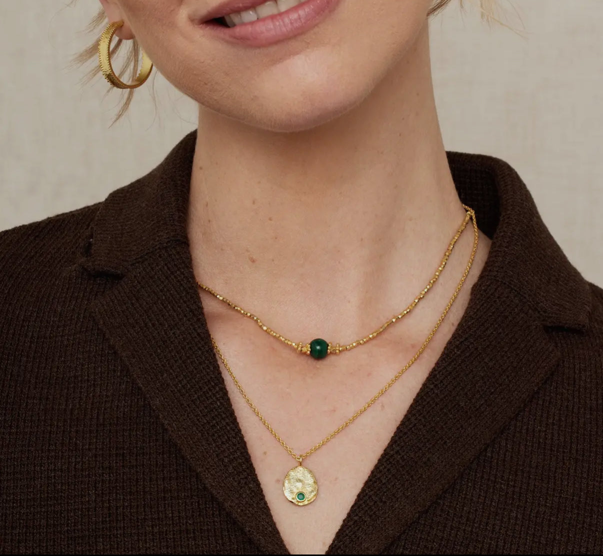 Venice Gold Coin Necklace Green