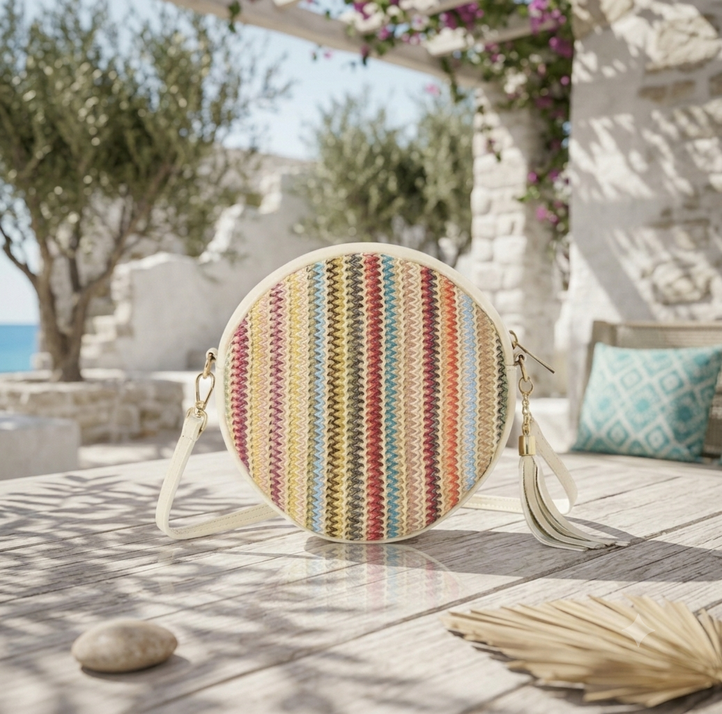 The Riviera Round Leather & Raffia Crossbody