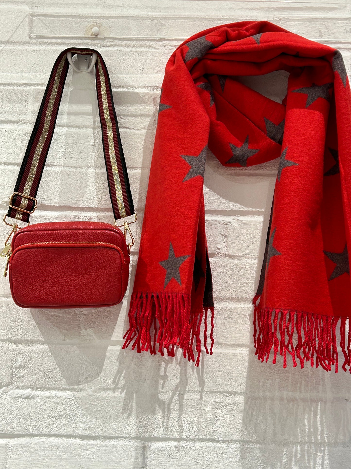 Star Cashmere Blend Reversible Scarf | Red & Grey