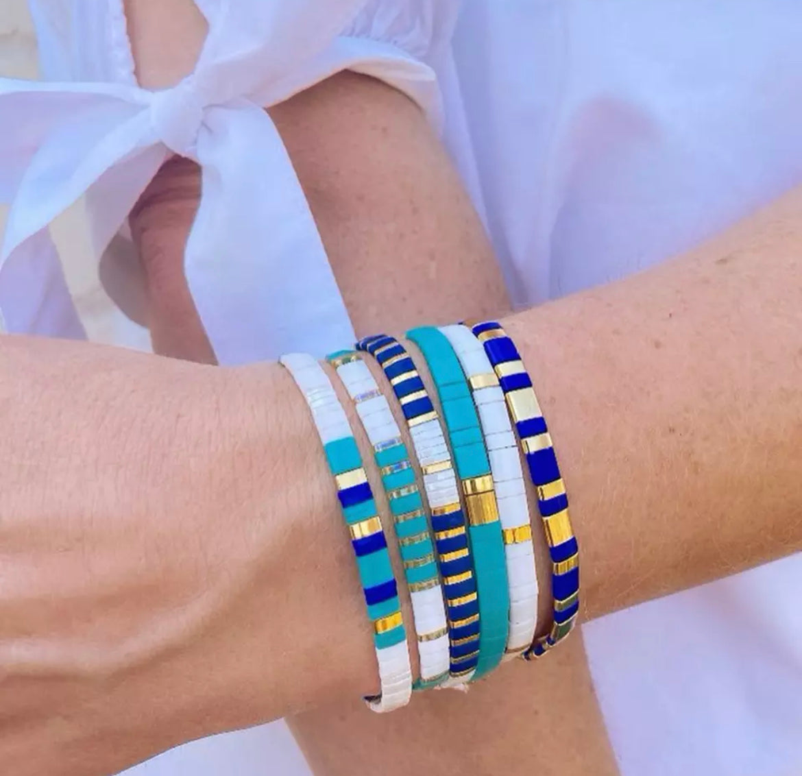 Miyuki Tile Bracelet | Blue, White & Gold