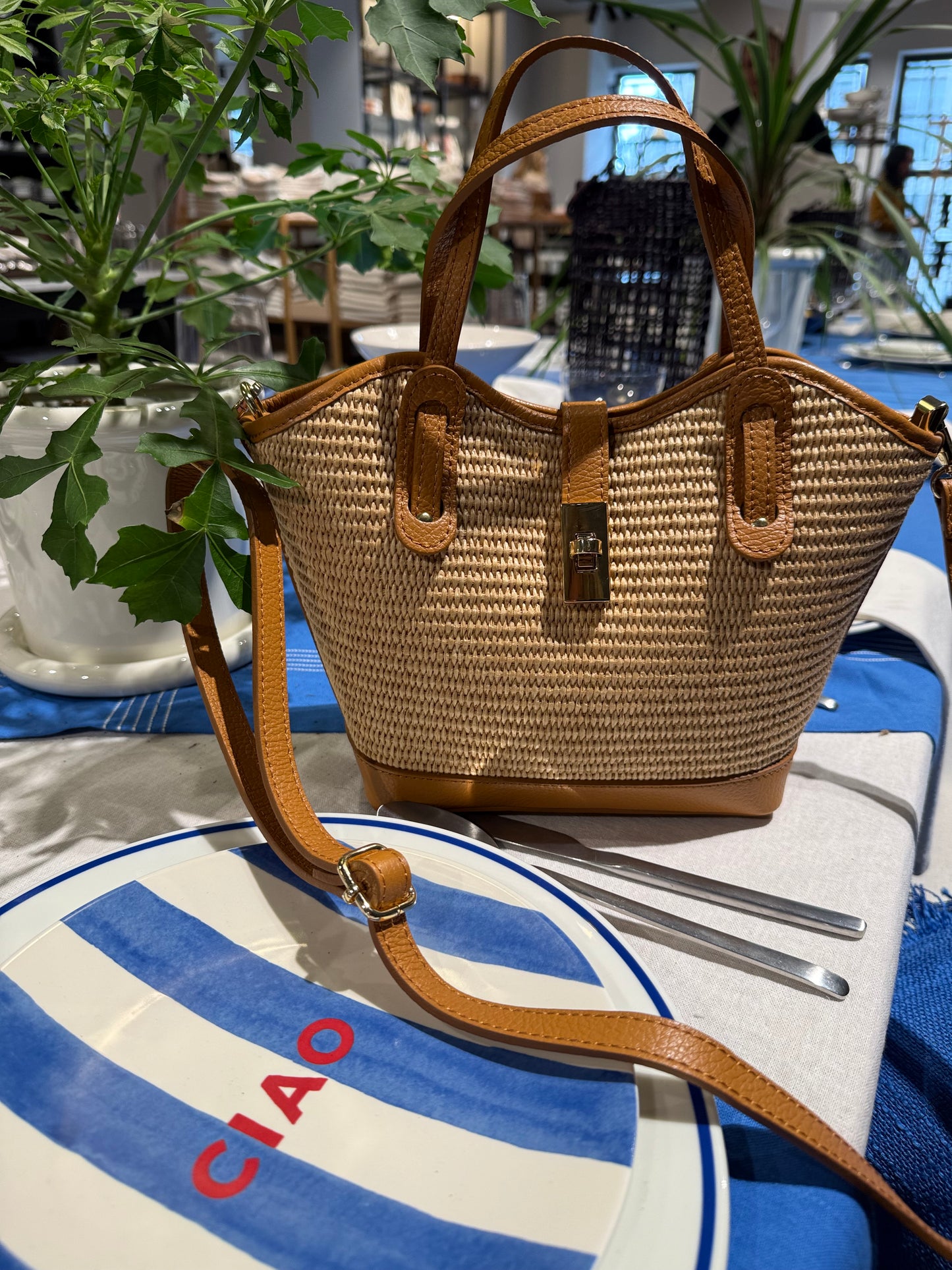 Ravello Raffia & Leather Tote | Tan