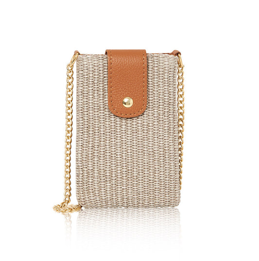 Woven Straw & Leather Phone Bag | Taupe