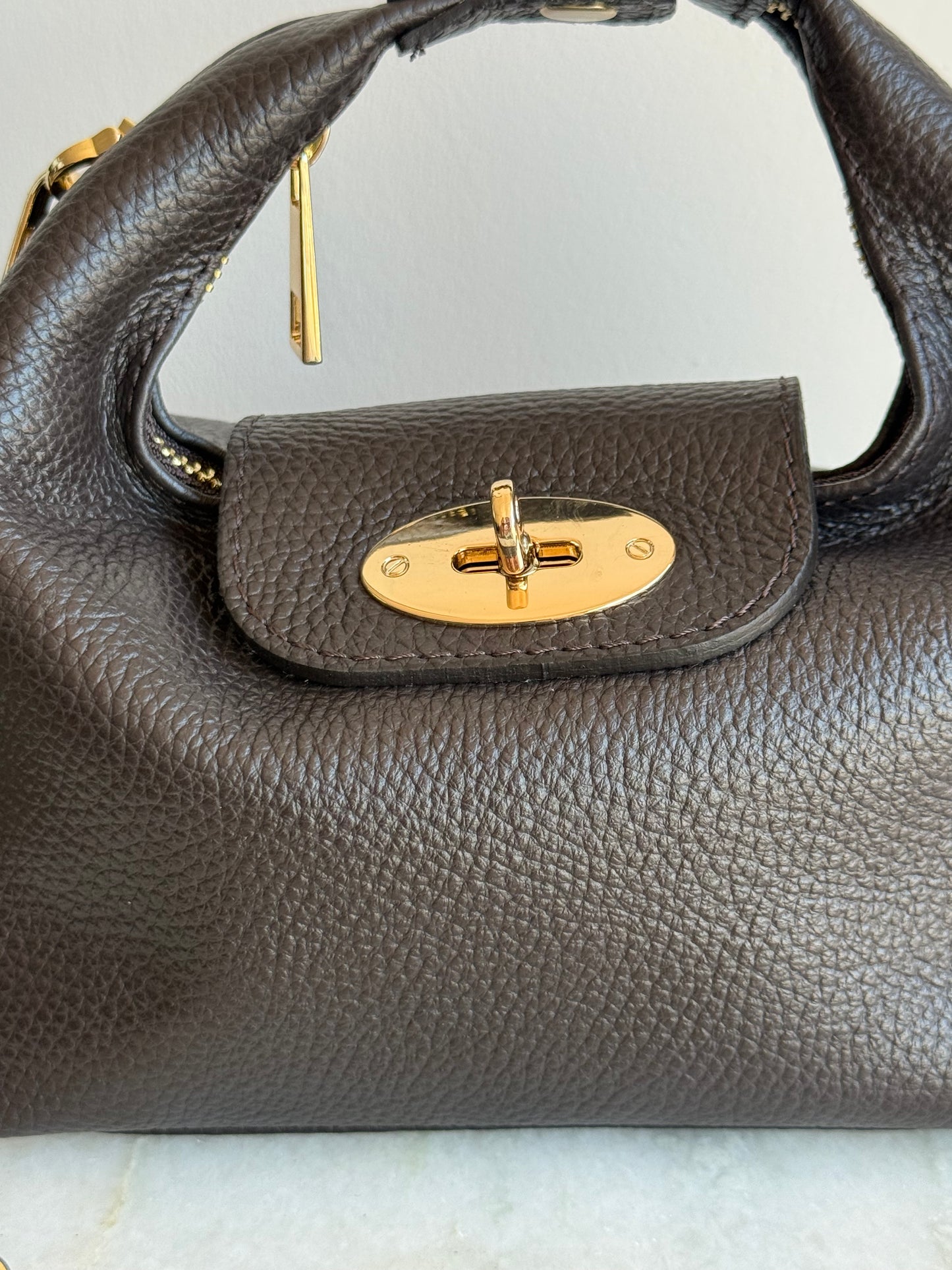 The Modena Italian Leather Convertible Mini Bag with Gold Chain | Chocolate Brown