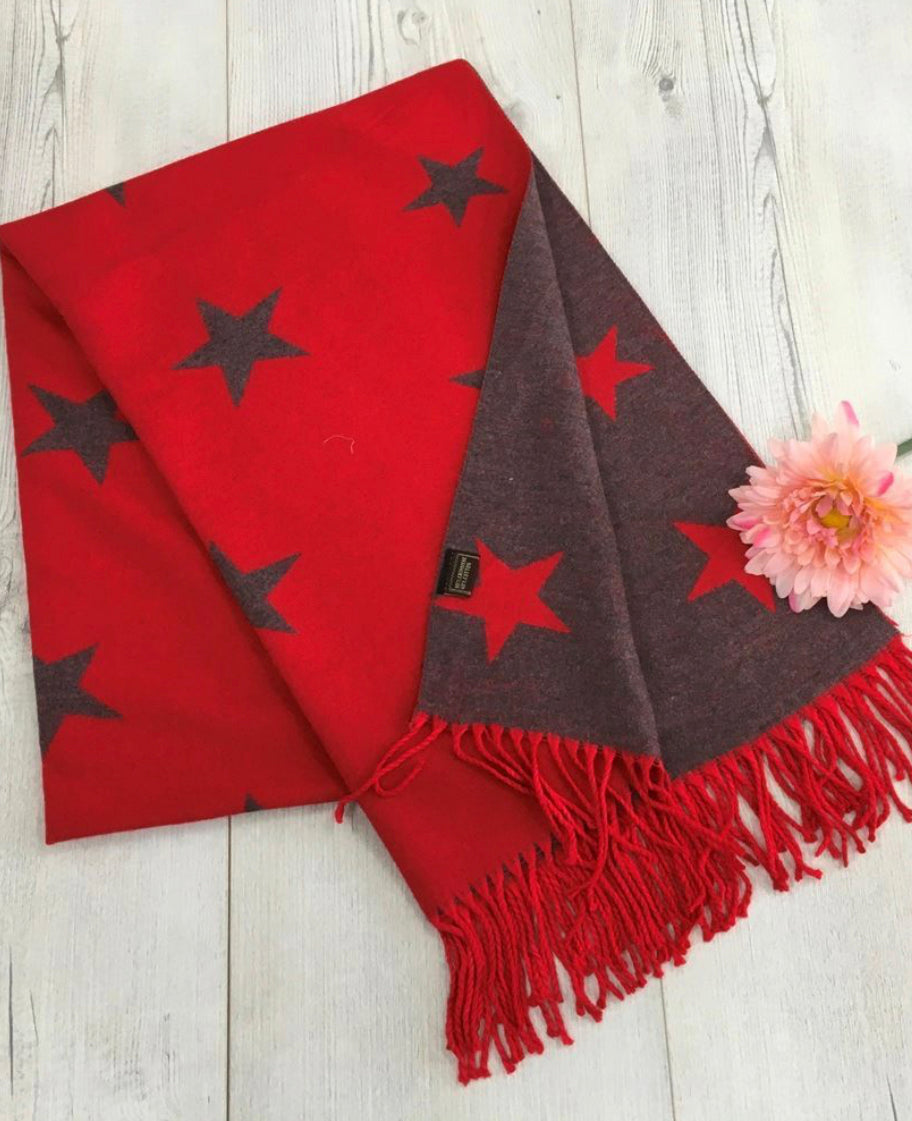 Star Cashmere Blend Reversible Scarf | Red & Grey