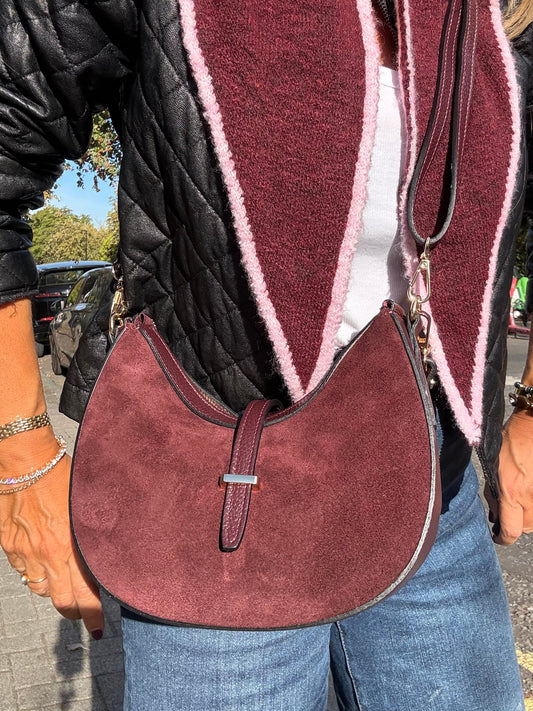 Suede & Leather Crescent Shoulder/Crossbody Bag | Burgundy