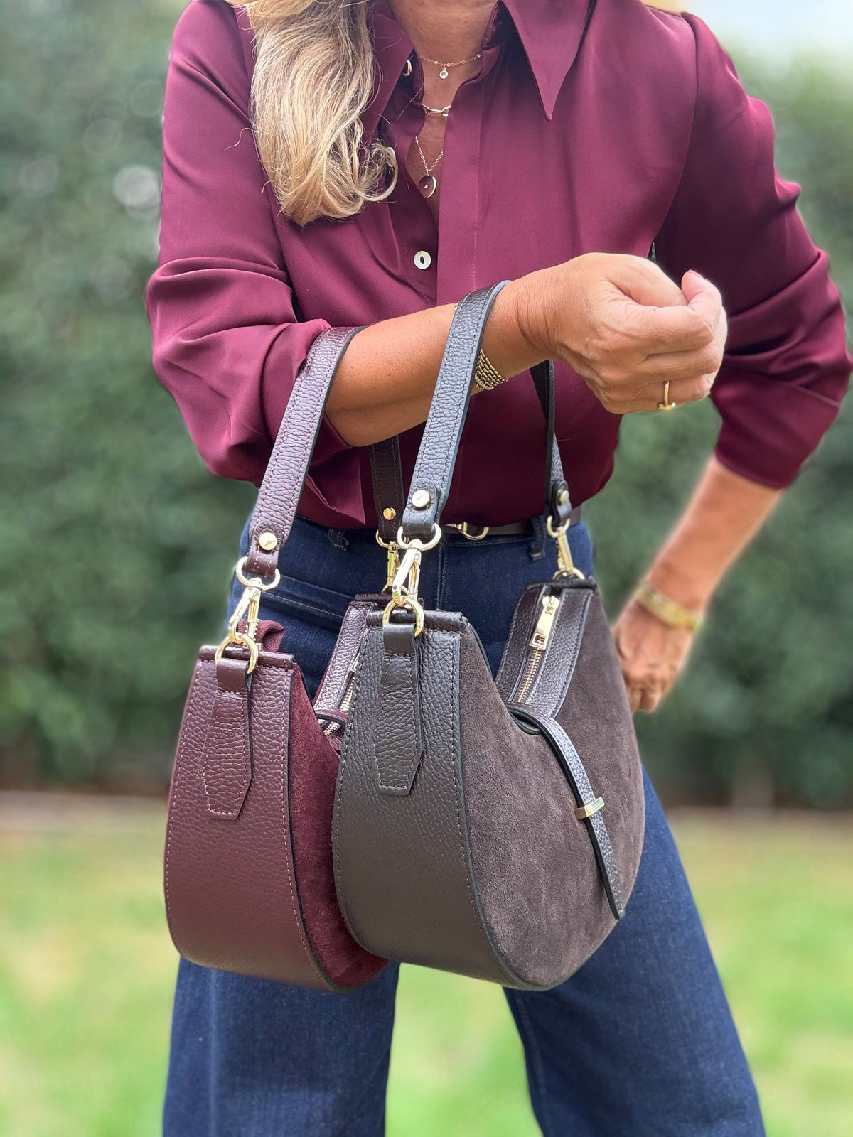 Suede & Leather Crescent Shoulder/Crossbody Bag | Burgundy