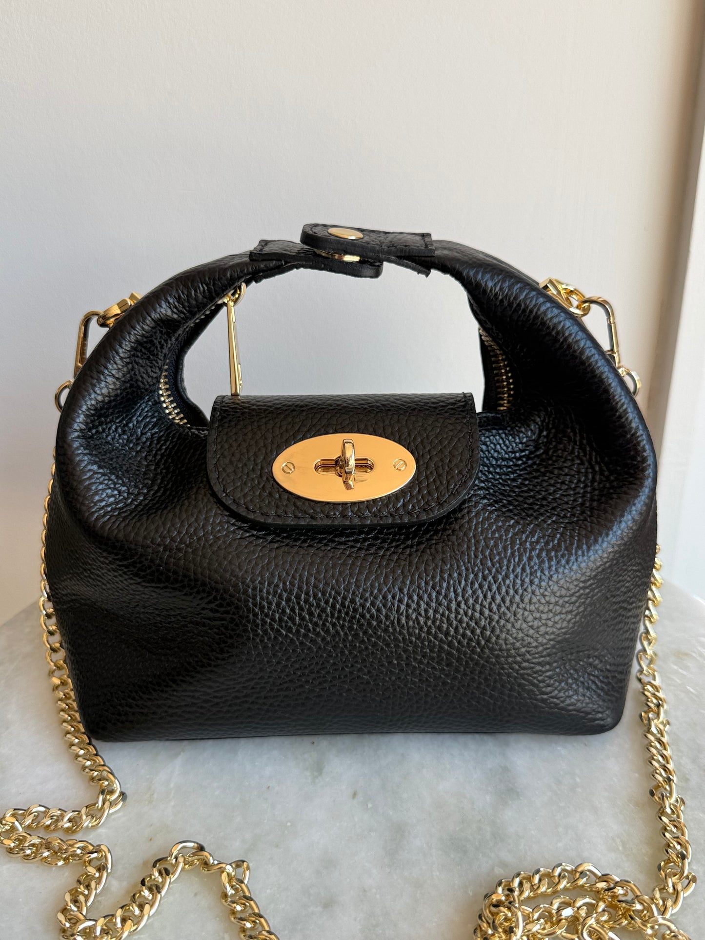 The Modena Italian Leather Convertible Mini Bag with Gold Chain | Black