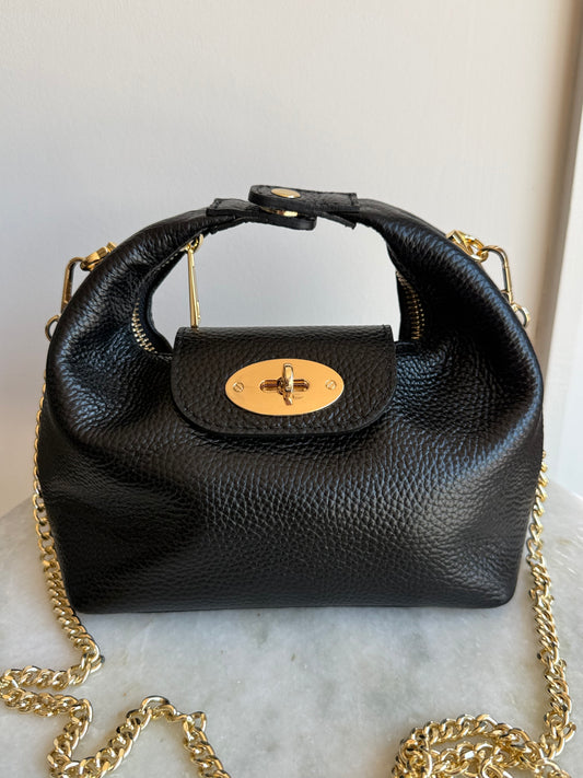 The Modena Italian Leather Convertible Mini Bag with Gold Chain | Black