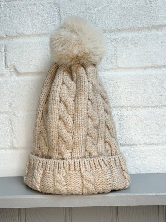 Cable Knit Fleece Lined Pom Hat | Beige