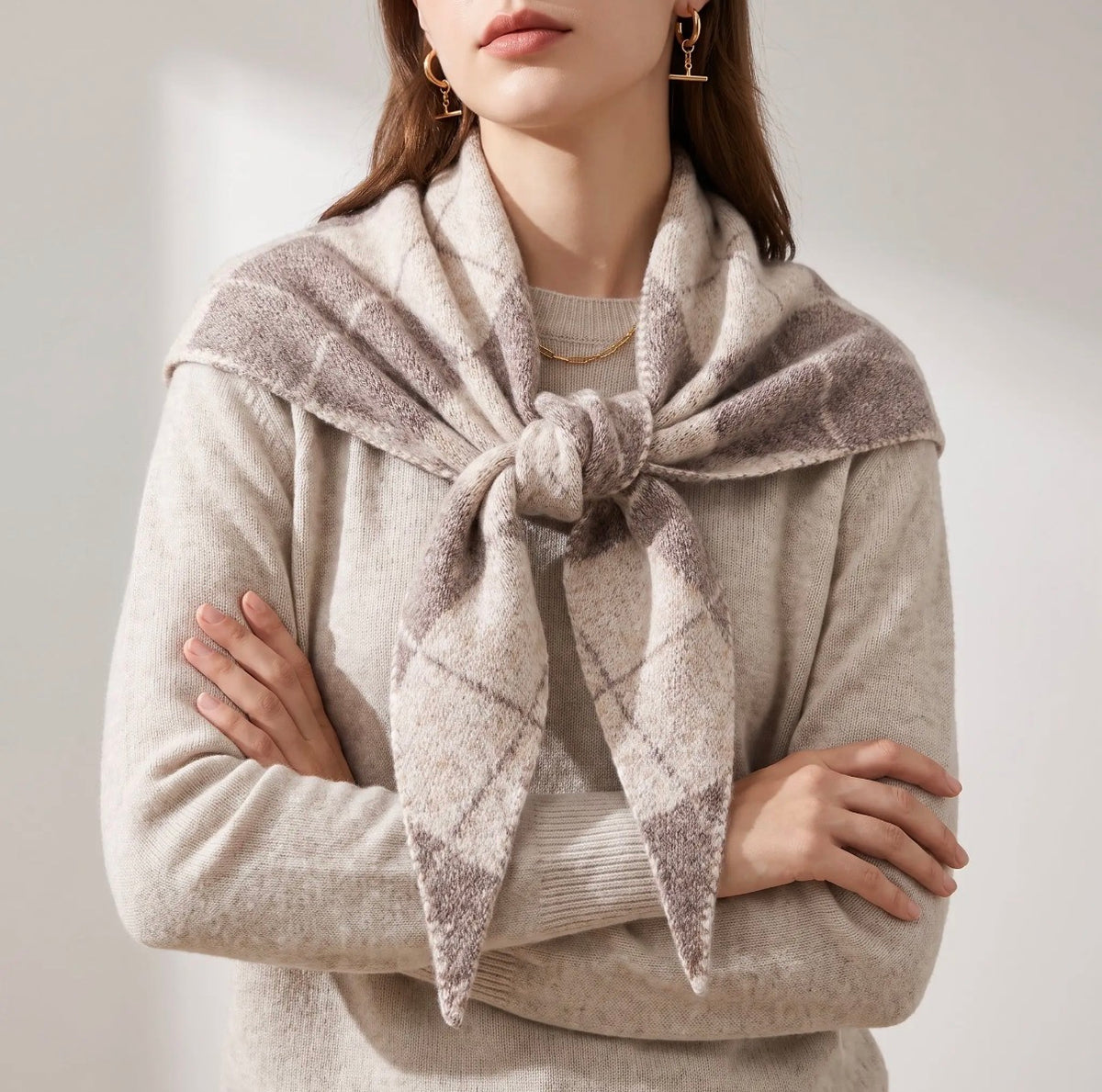 Argyl Cream + Beige Check Triangle Scarf
