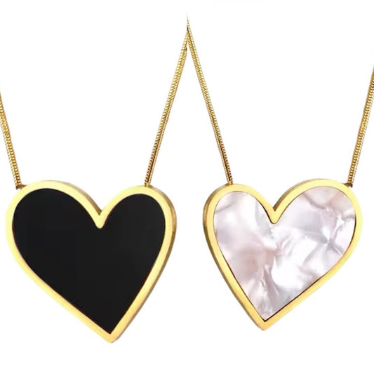 Sasha Enamel Heart Medium Necklace | Black or Mother of Pearl