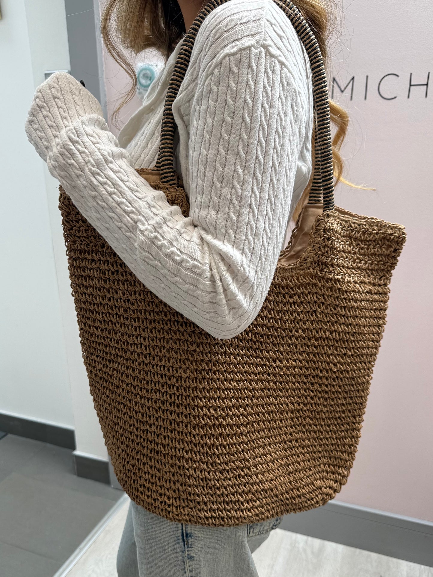 Gracie Packable Woven Tote  with Zipper | Tan