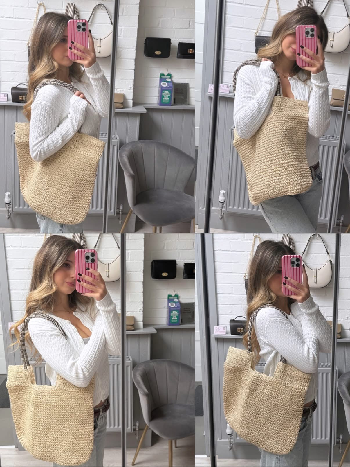 Gracie Packable Woven Tote  with Zipper | Beige