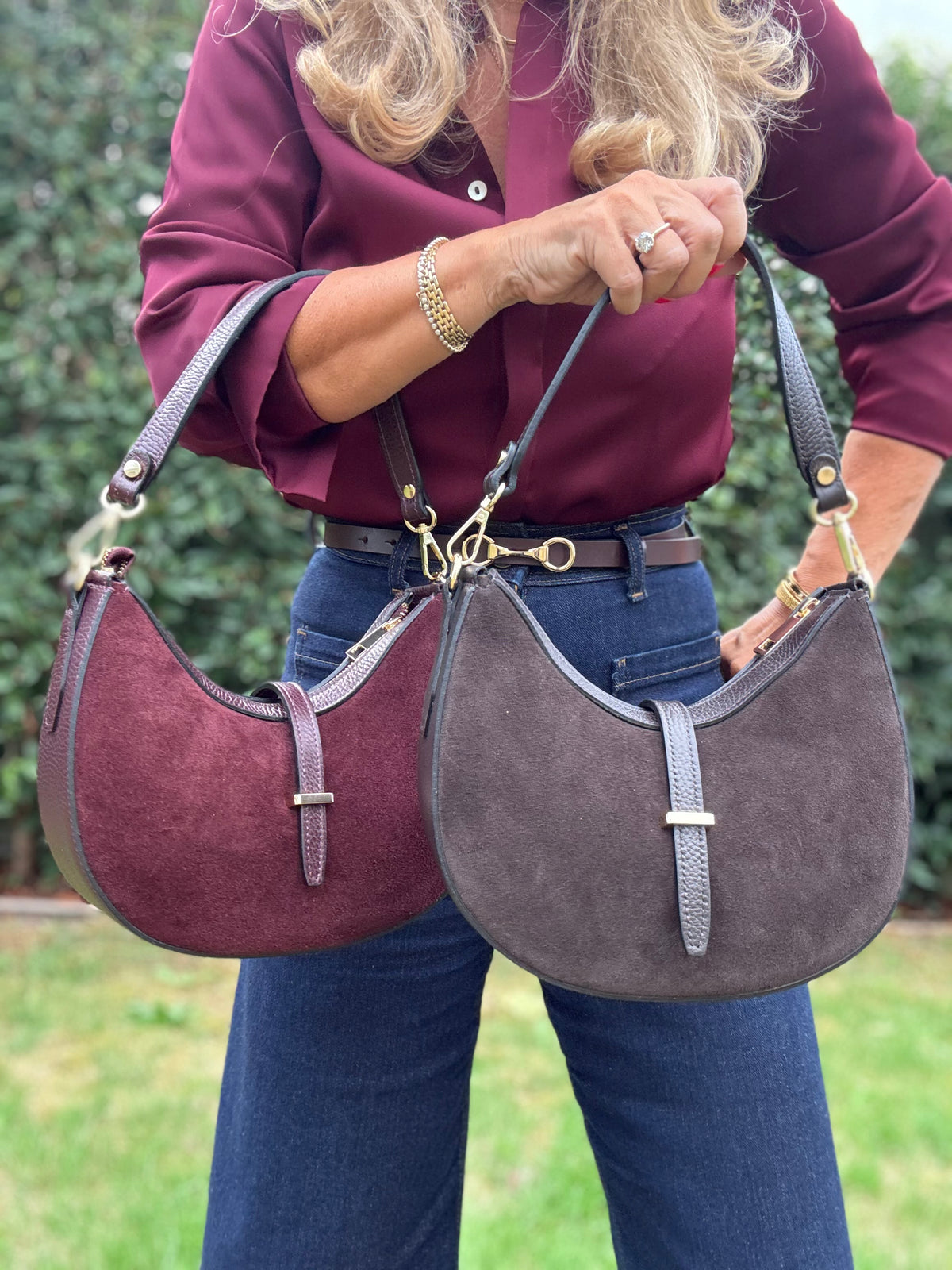 Suede & Leather Crescent Shoulder/Crossbody Bag | Burgundy
