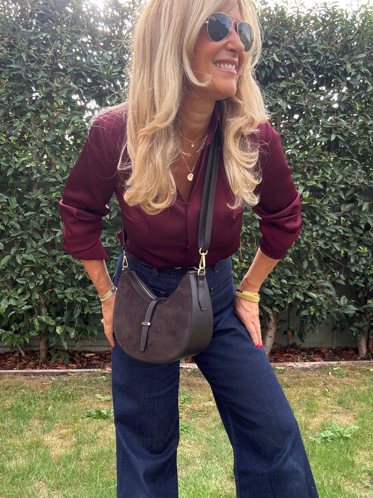 Suede & Leather Crescent Shoulder/Crossbody Bag | Brown