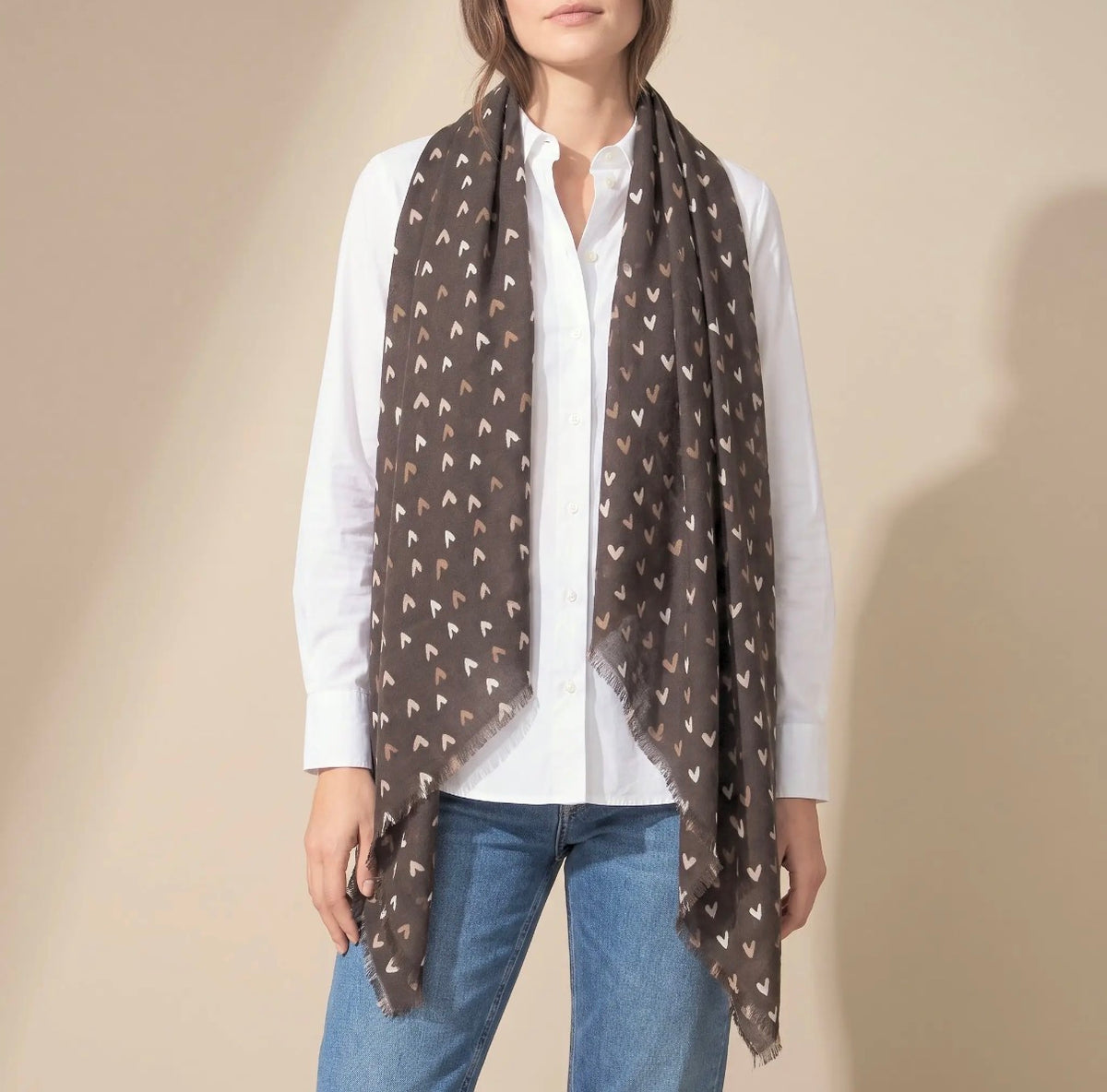 Sasha Heart Print Scarf | Brown