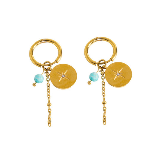 Disc & Natural Stone Hoop Earrings | Turquoise & Gold
