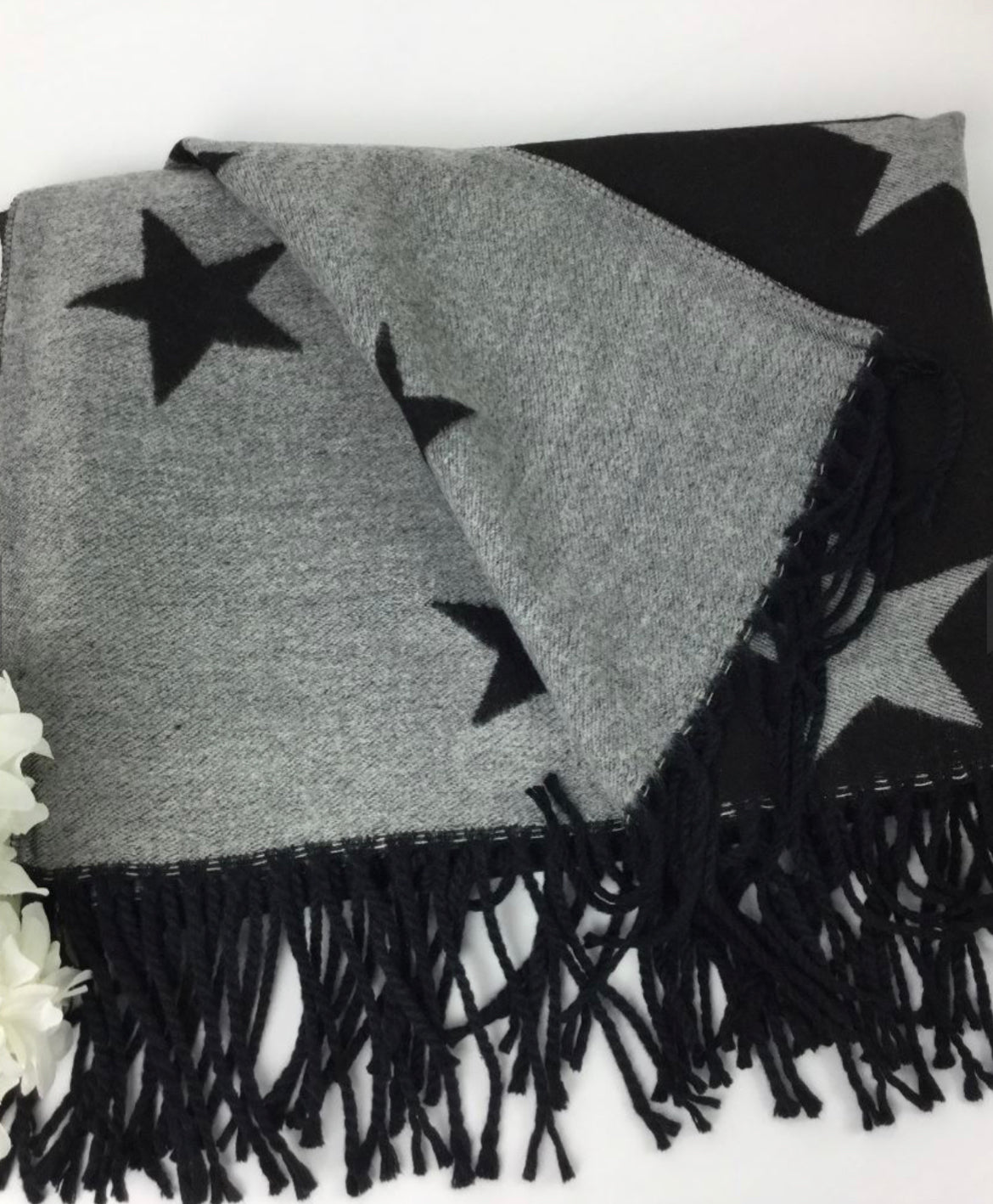 Star Cashmere Blend Reversible Scarf | Black & Grey