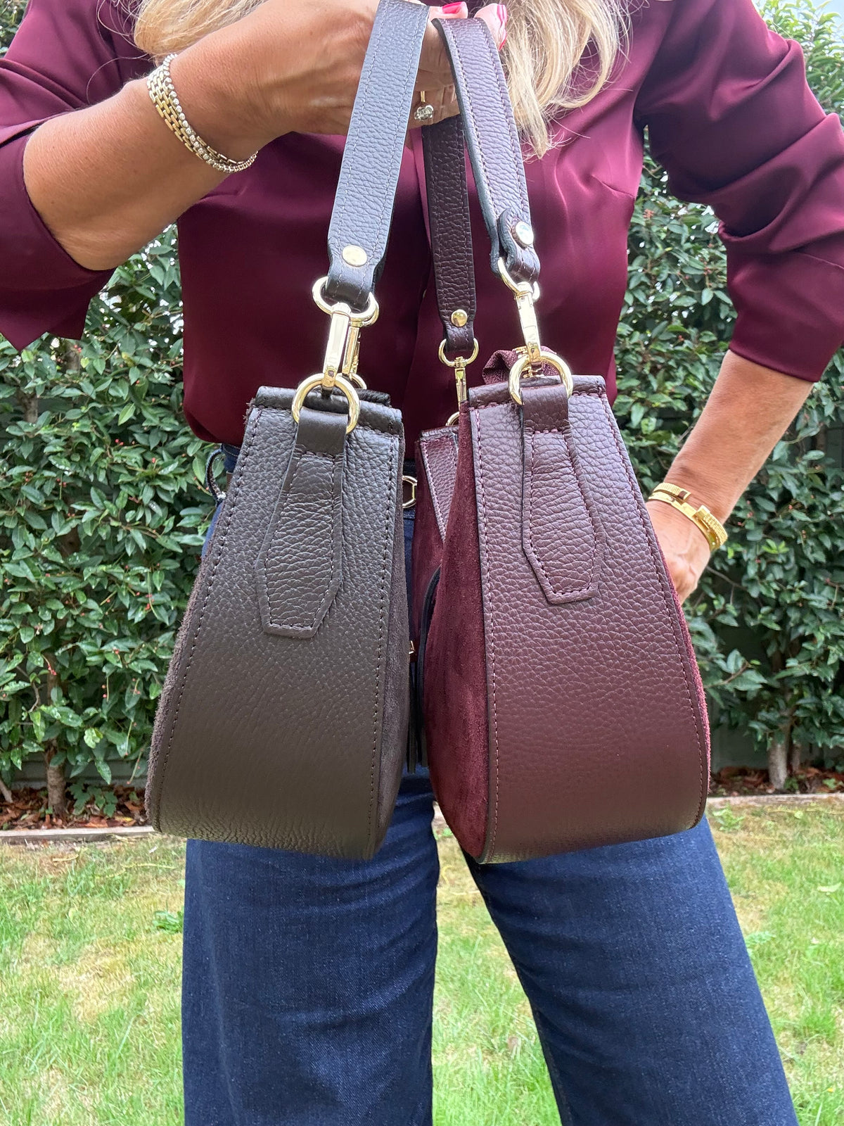 Suede & Leather Crescent Shoulder/Crossbody Bag | Burgundy