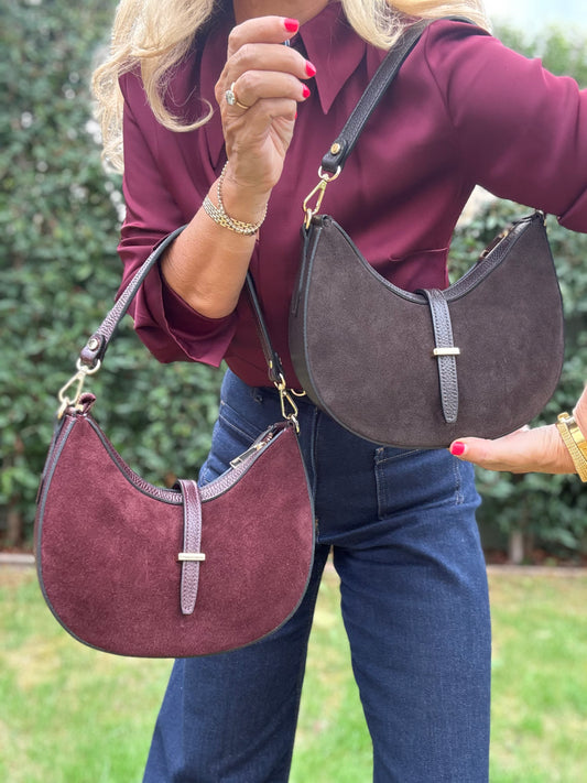 Suede & Leather Crescent Shoulder/Crossbody Bag | Burgundy