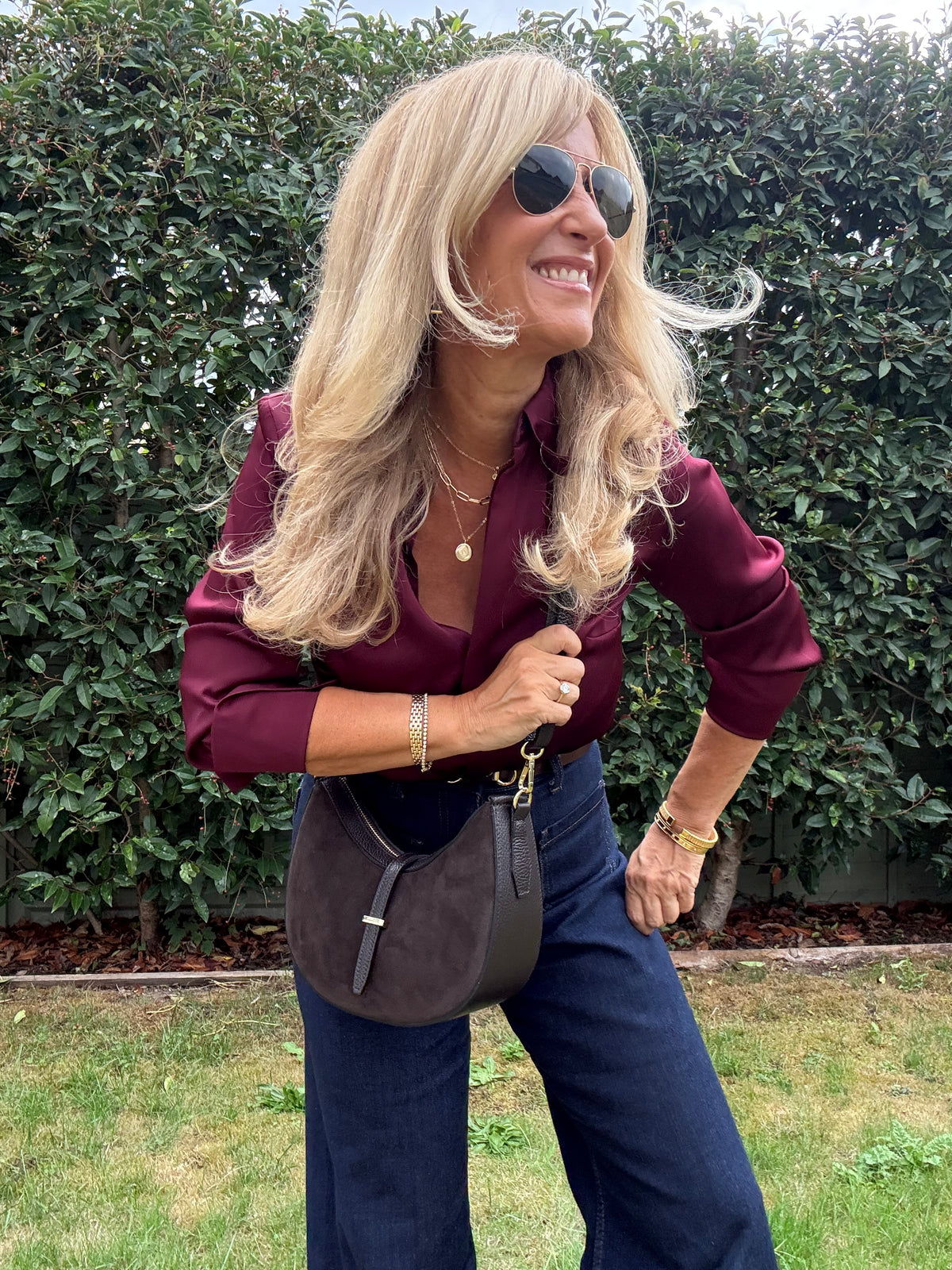 Suede & Leather Crescent Shoulder/Crossbody Bag | Brown