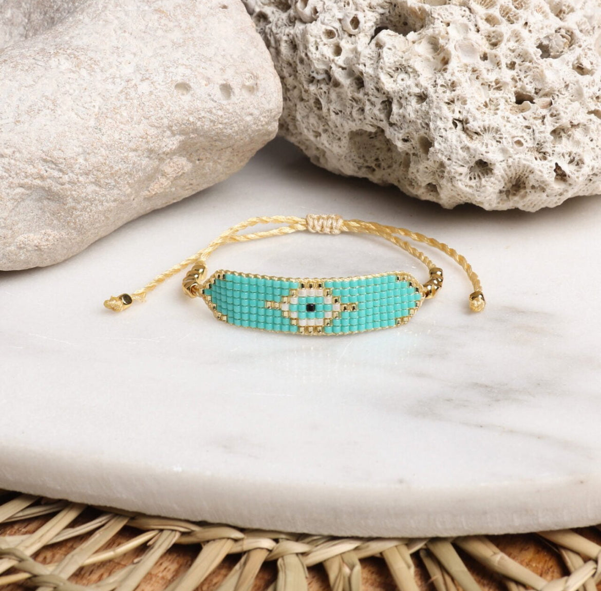 Evil Eye Miyuki Bead Bracelet | Turquoise & Gold