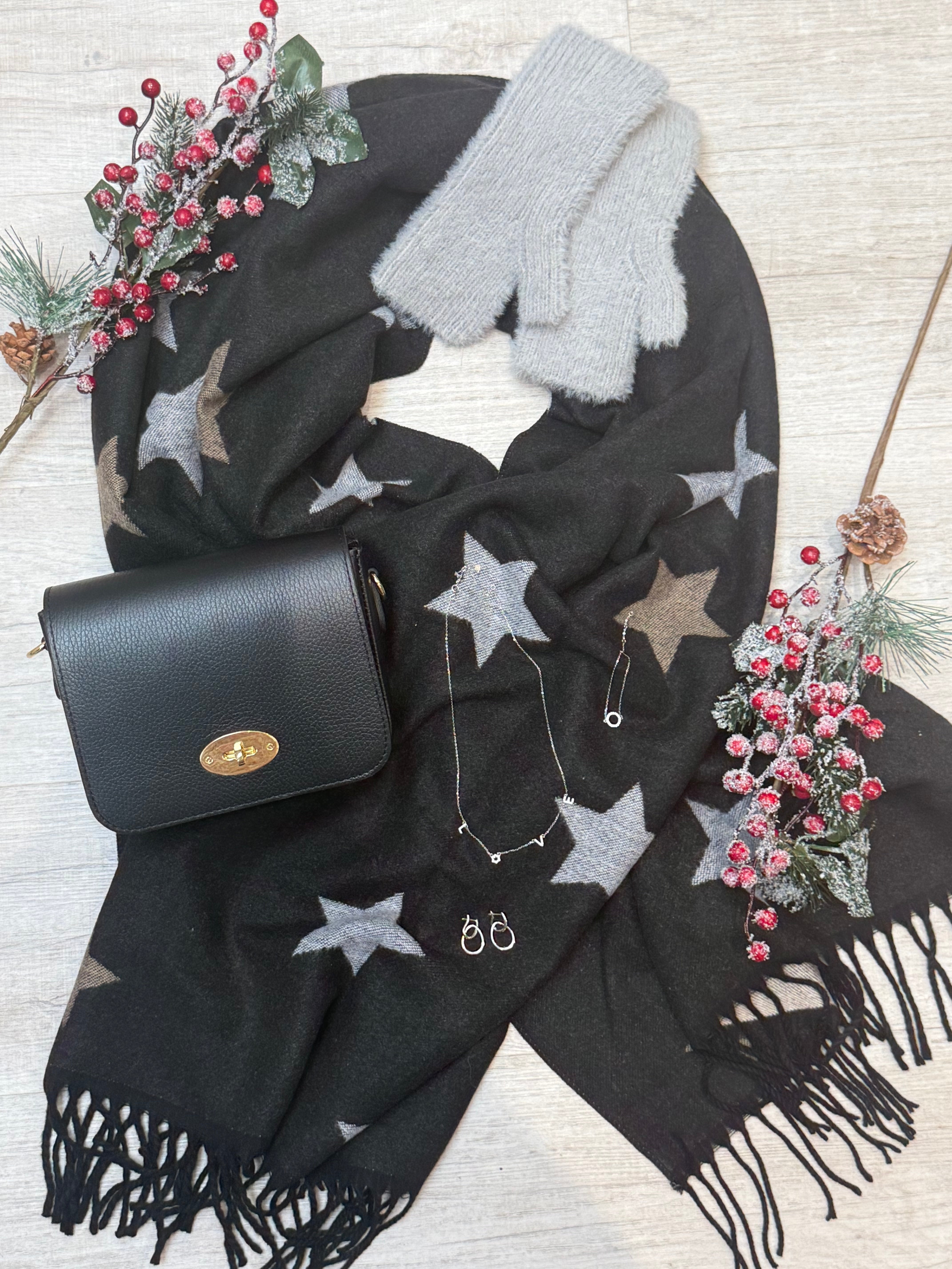 Reversible Star Cashmere Blend Scarf | Black, Grey & Taupe