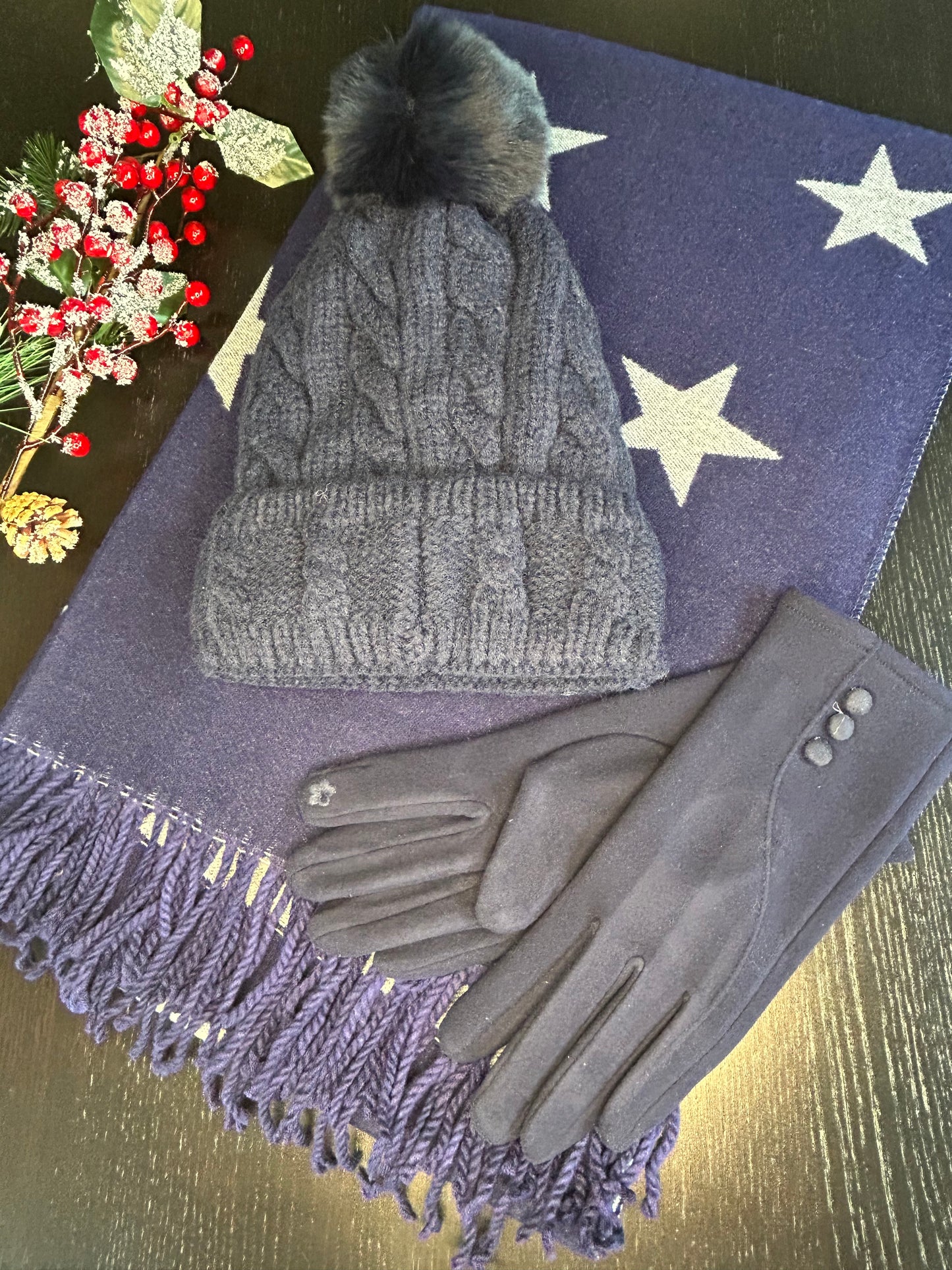 Star Cashmere Blend Reversible Scarf | Navy & Grey