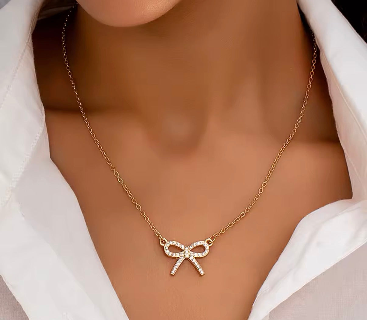 Crystal Bow Necklace | Gold